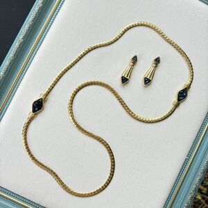 1980s S.A.L. Swarovski Statement Necklace Earring Set Sapphire Crystal Gold